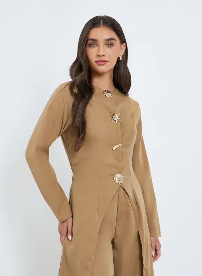 Women Metal Button Accent Long Top and Pants Co-Ords